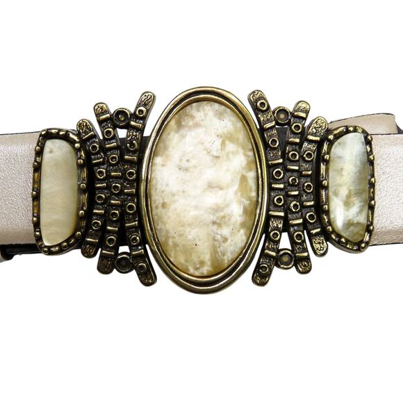 Vintage Chicos White Pearly Stone Buckle Champagne White Leather Belt Retro - Picture 3 of 10